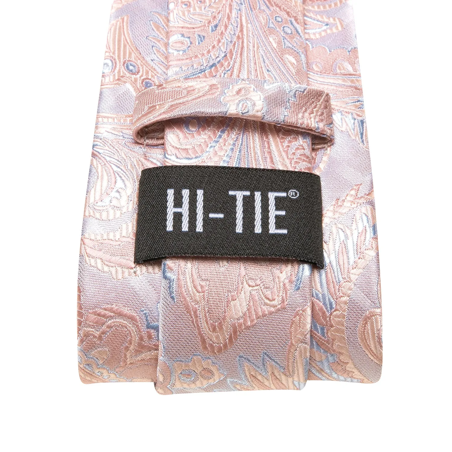 Hi-Tie Blush Pink Sky Blue Paisley Silk Tie Pocket Square Cufflinks Set