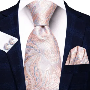 Hi-Tie Blush Pink Sky Blue Paisley Silk Tie Pocket Square Cufflinks Set