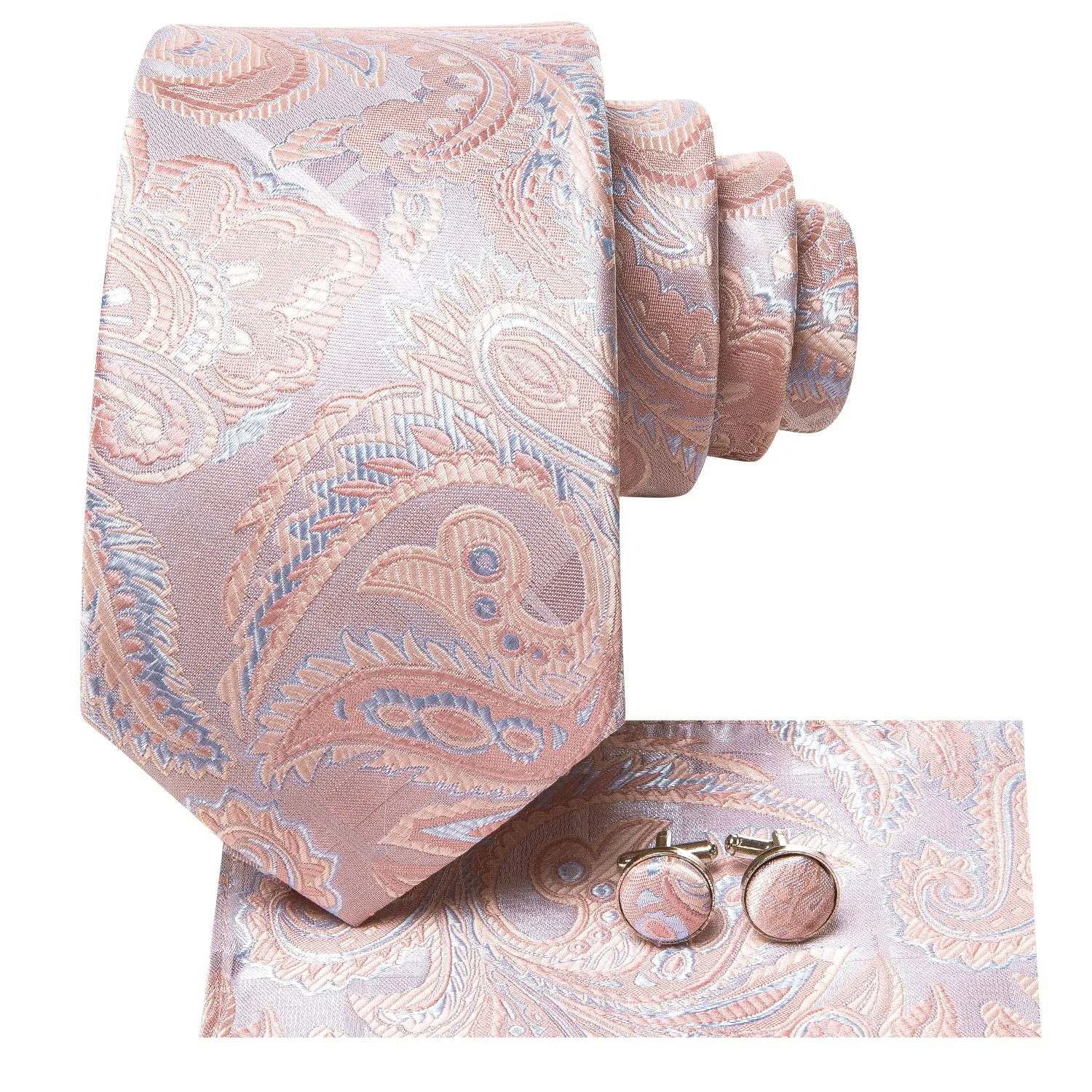 Hi-Tie Blush Pink Sky Blue Paisley Silk Tie Pocket Square Cufflinks Set