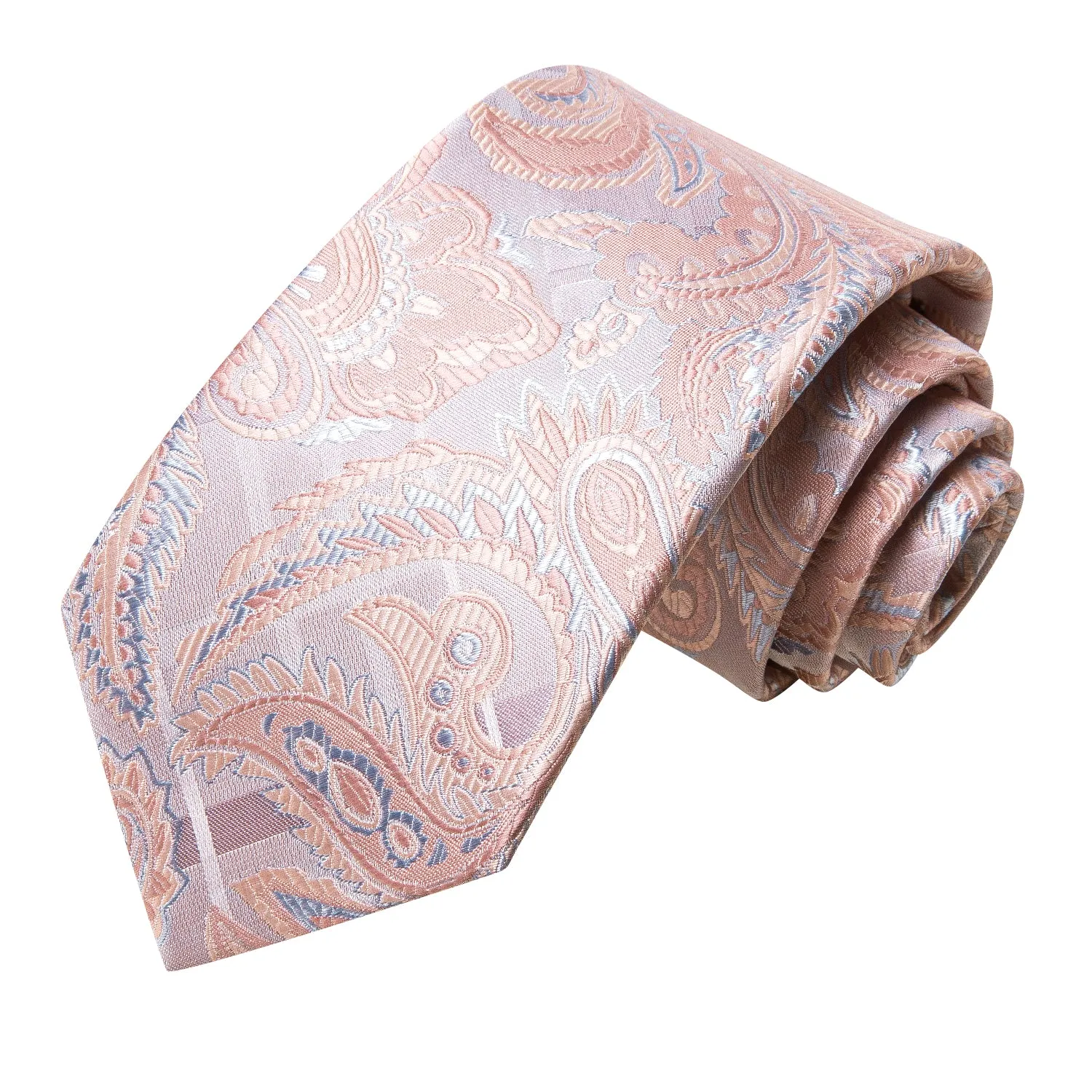 Hi-Tie Blush Pink Sky Blue Paisley Silk Tie Pocket Square Cufflinks Set