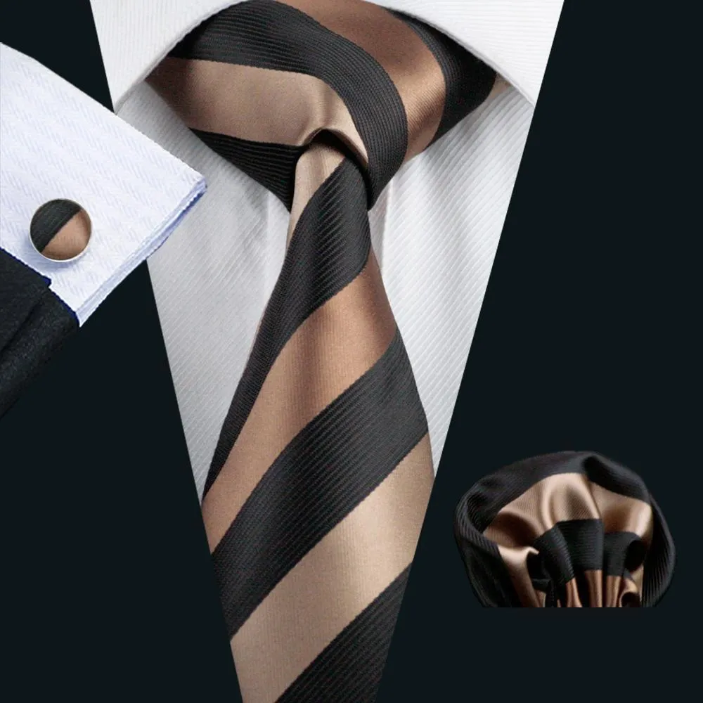 Hi-Tie Brown Black Striped Silk Tie Brown Pocket Square Cufflinks Set