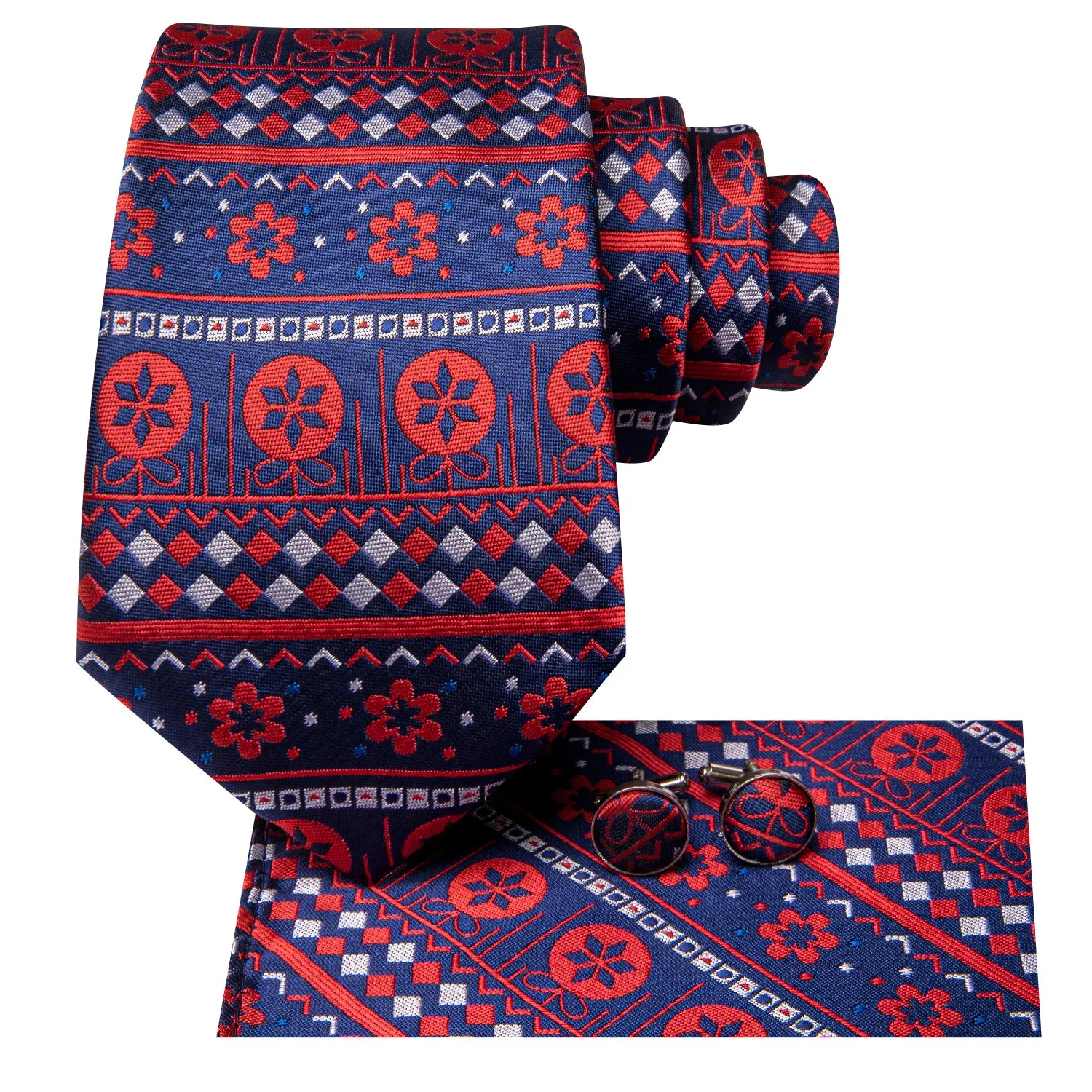 Hi-Tie Christmas Blue Red Novelty Mens Tie Pocket Square Cufflinks Set