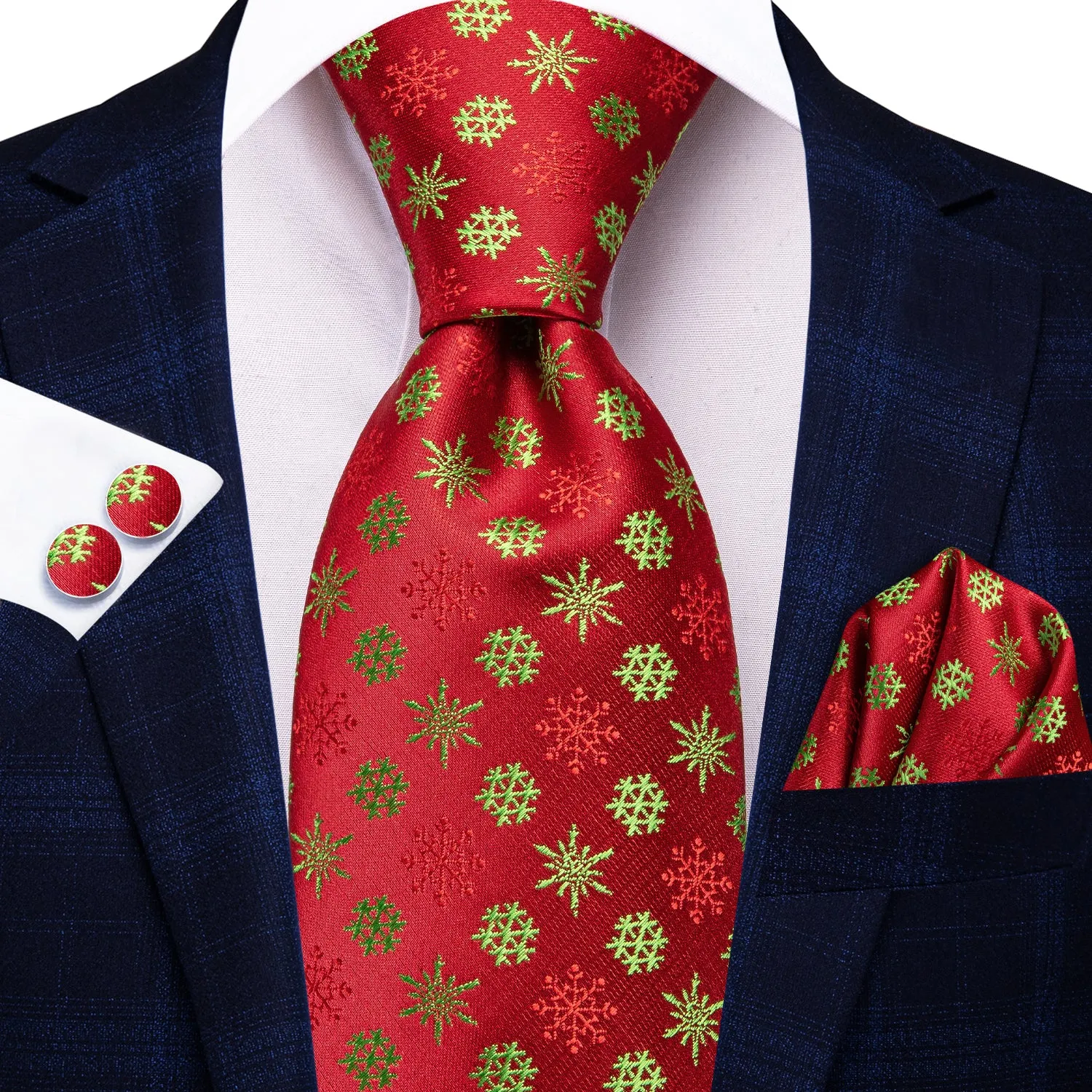 Hi-Tie Christmas Red Snowflakes Men's Tie Pocket Square Cufflinks Set