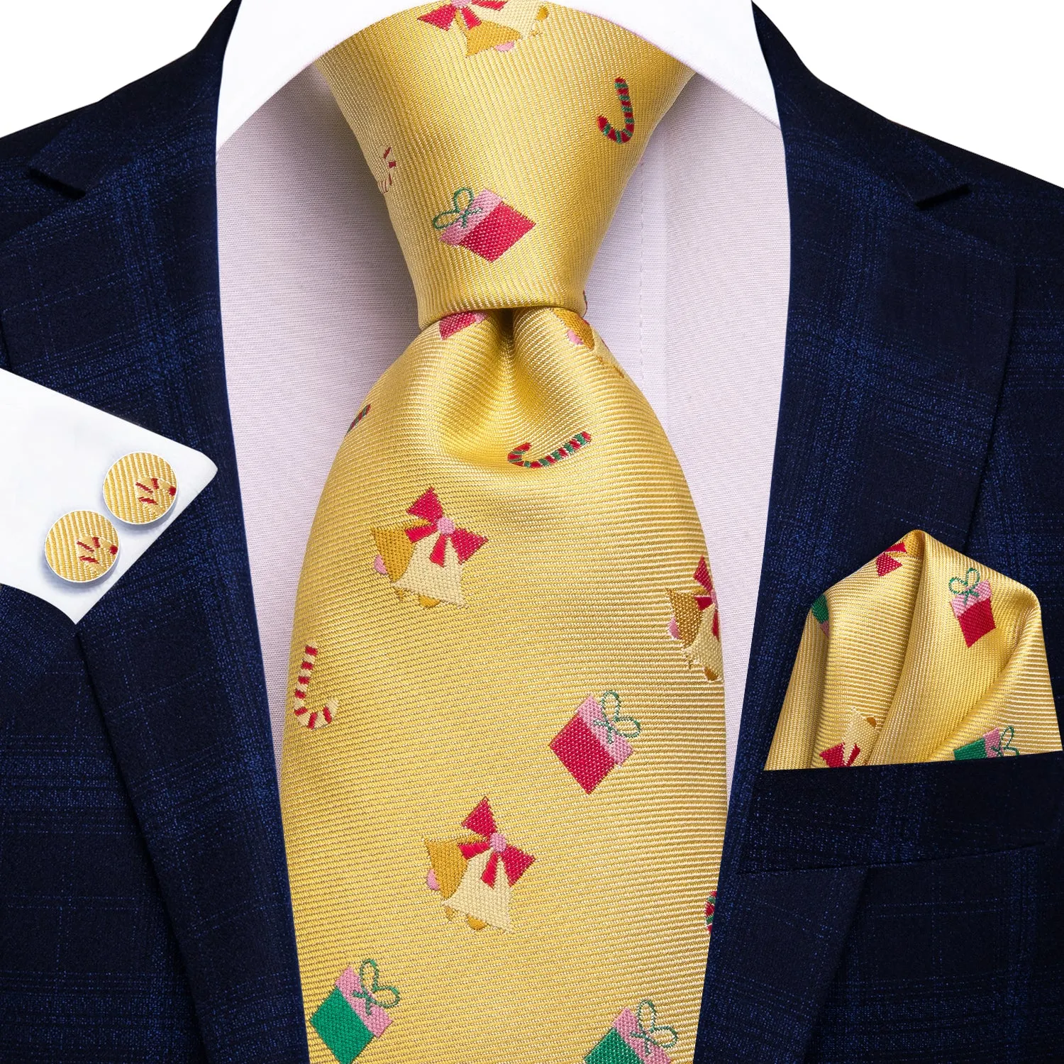 Hi-Tie Christmas Yellow Novelty Men's Tie Pocket Square Cufflinks Set