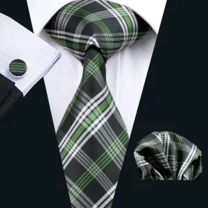 Hi-Tie Classic Black Green White Plaid Tie Pocket Square Cufflinks Set