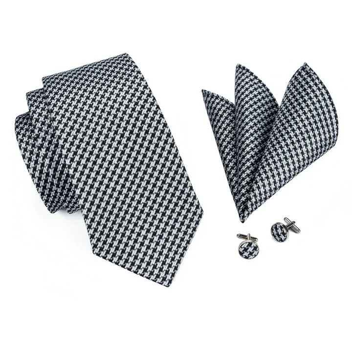 Hi-Tie Classic Houndstooth White Black Plaid Tie Hanky Cufflinks Set