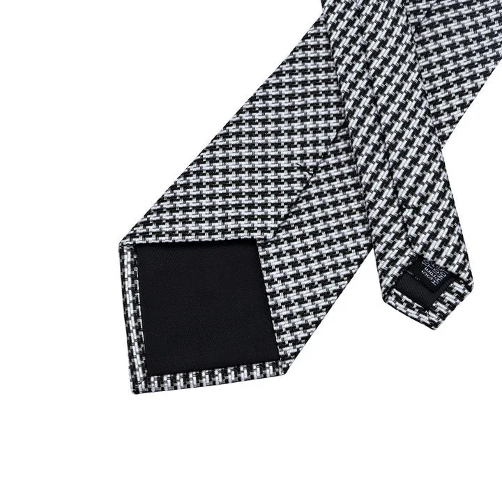 Hi-Tie Classic Houndstooth White Black Plaid Tie Hanky Cufflinks Set