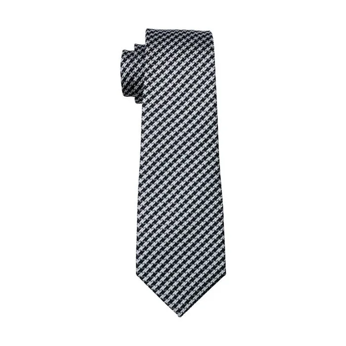 Hi-Tie Classic Houndstooth White Black Plaid Tie Hanky Cufflinks Set