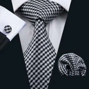 Hi-Tie Classic Houndstooth White Black Plaid Tie Hanky Cufflinks Set