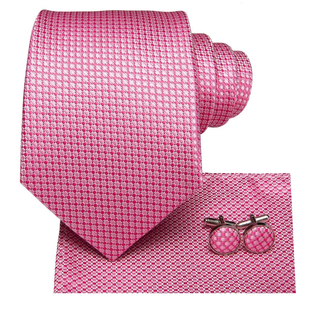 Hi-Tie Classic Pink Necktie Plaid Mens Tie Pocket Square Cufflinks Set