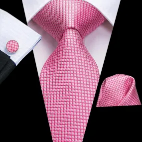 Hi-Tie Classic Pink Necktie Plaid Mens Tie Pocket Square Cufflinks Set