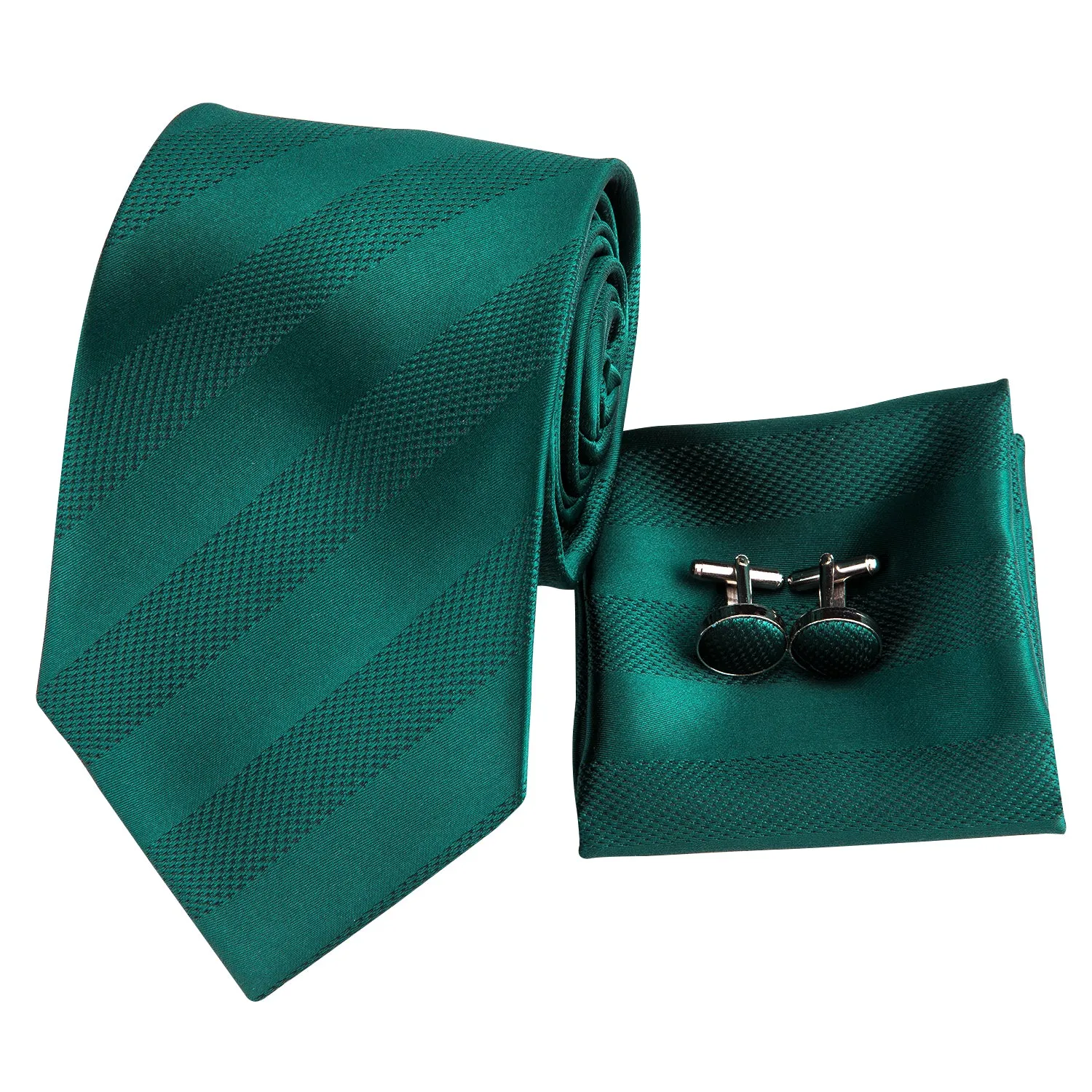 Hi-Tie Dark Green Necktie Striped Mens Tie Pocket Square Cufflinks Set