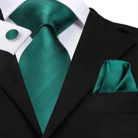 Hi-Tie Dark Green Necktie Striped Mens Tie Pocket Square Cufflinks Set