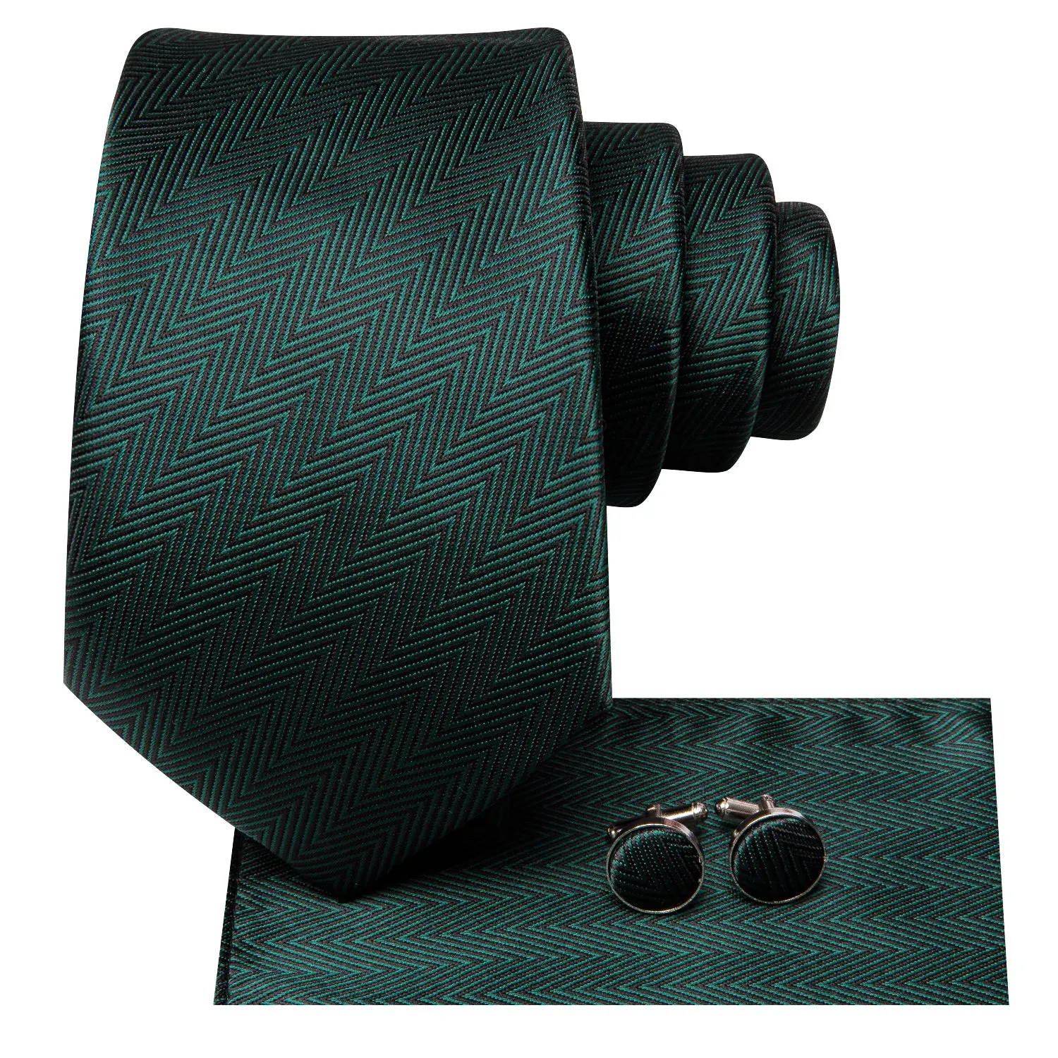 Hi-Tie Dark Green Novelty Woven Tie Pocket Square Cufflinks Set