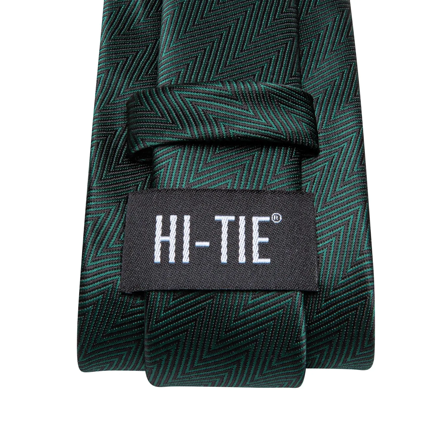 Hi-Tie Dark Green Novelty Woven Tie Pocket Square Cufflinks Set