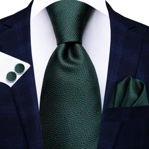 Hi-Tie Dark Green Novelty Woven Tie Pocket Square Cufflinks Set