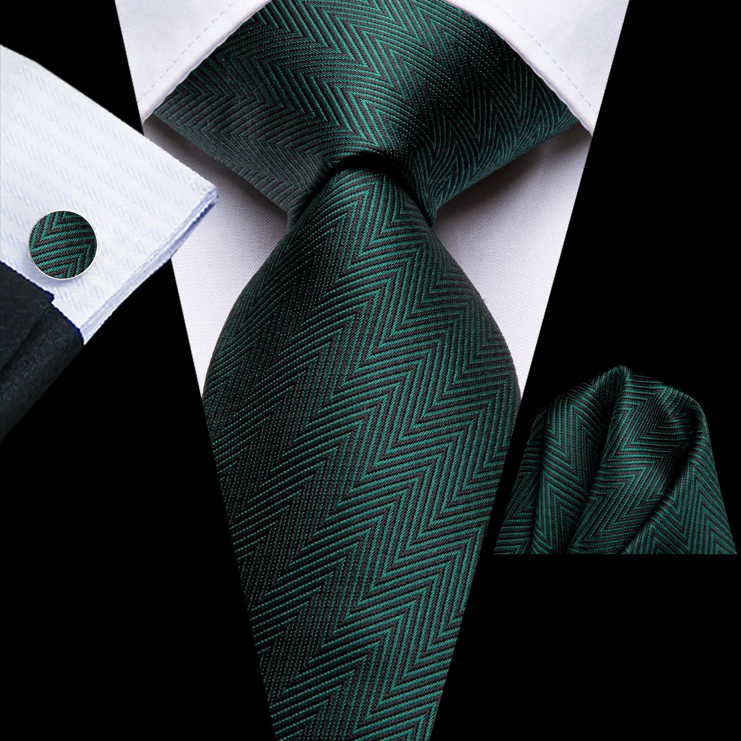 Hi-Tie Dark Green Novelty Woven Tie Pocket Square Cufflinks Set