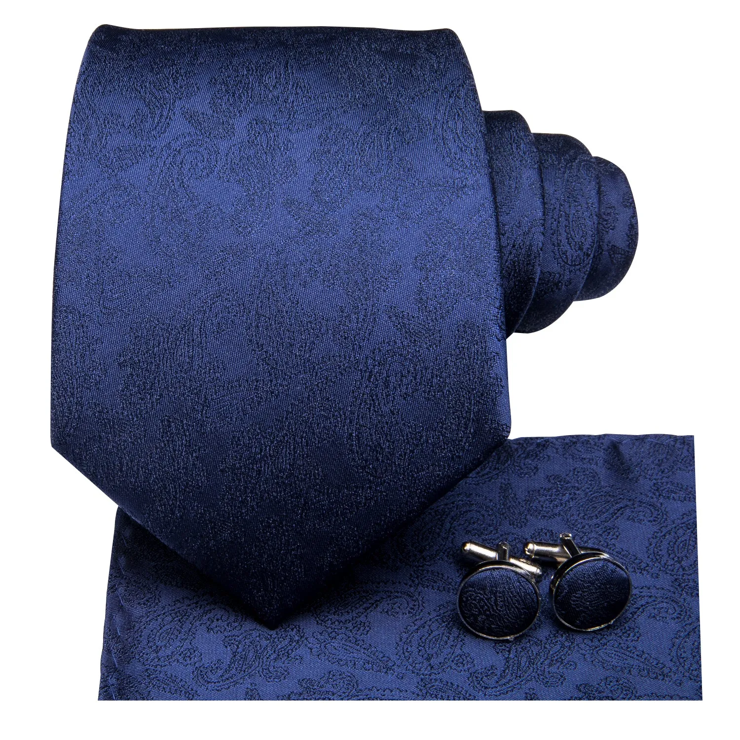 Hi-Tie Deep Blue Necktie Paisley Silk Tie Pocket Square Cufflinks Set