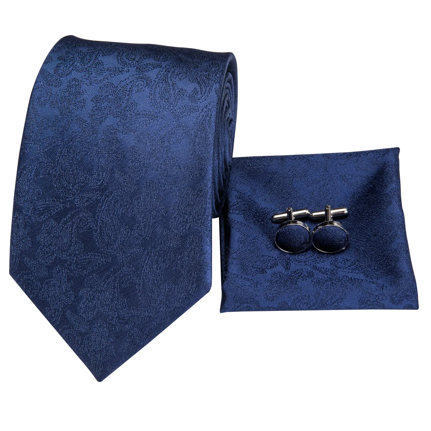 Hi-Tie Deep Blue Necktie Paisley Silk Tie Pocket Square Cufflinks Set