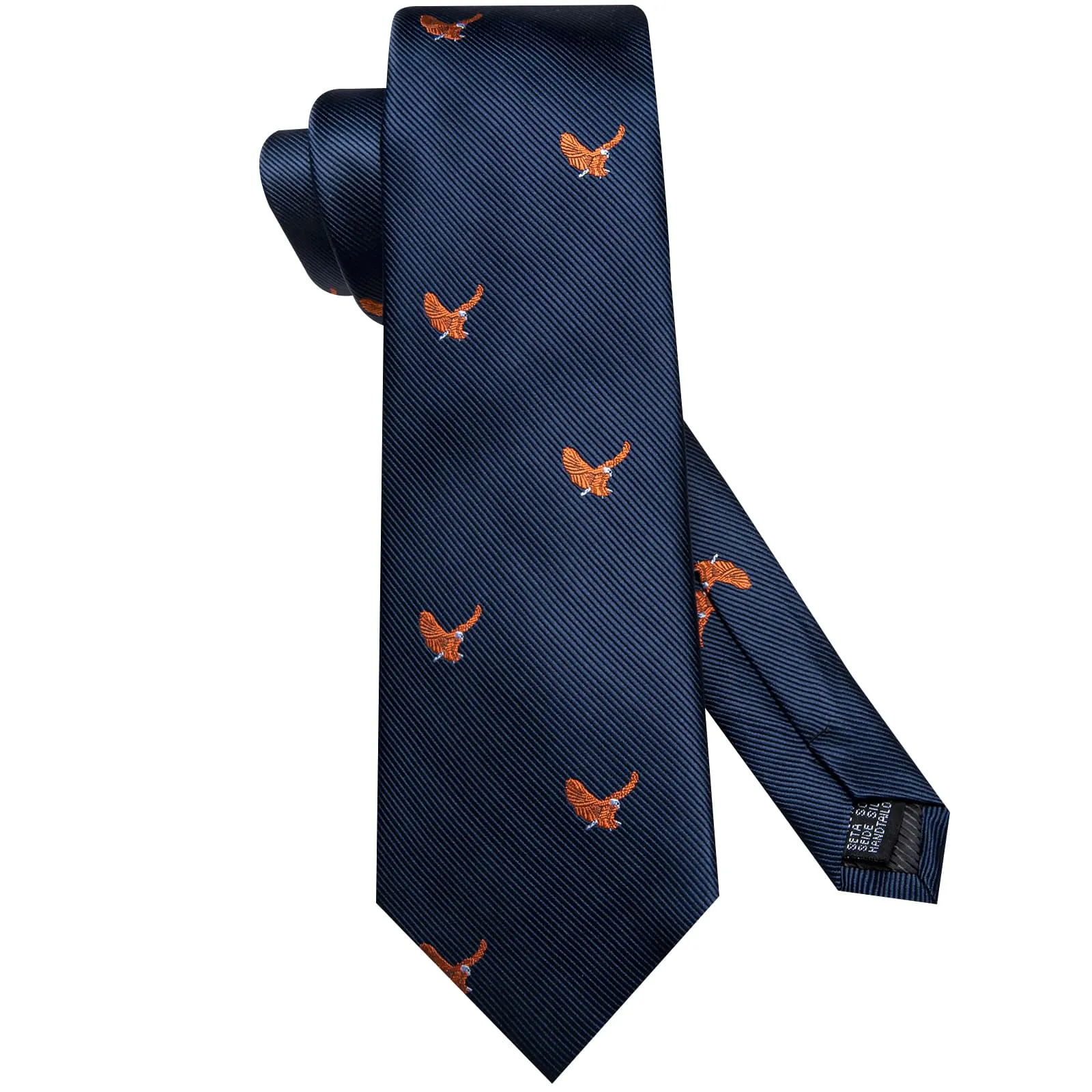 Hi-Tie Deep Blue Orange Birds Novelty Silk Mens Tie Pocket Square Cufflinks Set