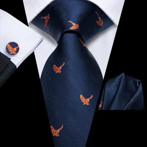 Hi-Tie Deep Blue Orange Birds Novelty Silk Mens Tie Pocket Square Cufflinks Set