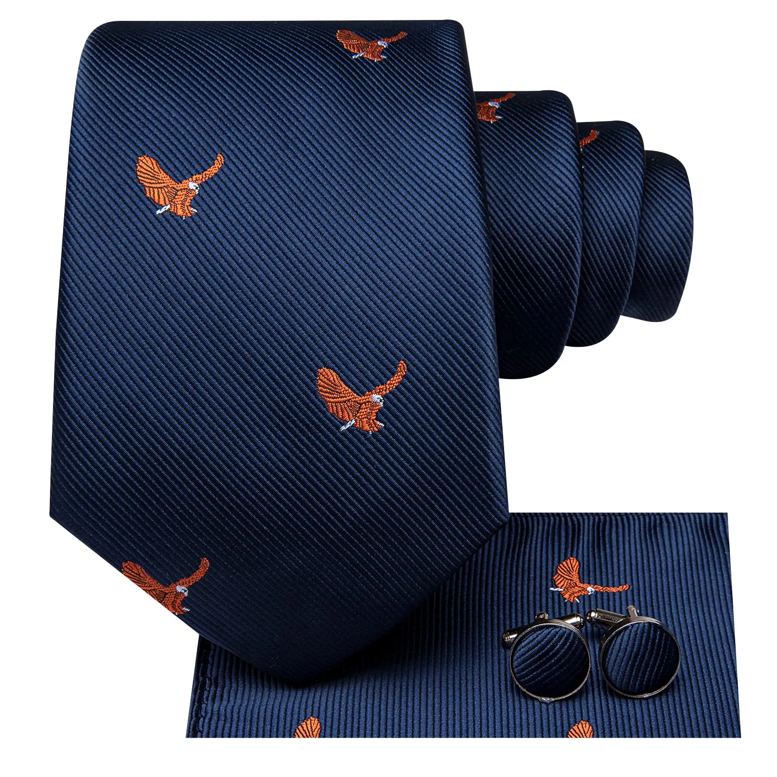 Hi-Tie Deep Blue Orange Birds Novelty Silk Mens Tie Pocket Square Cufflinks Set