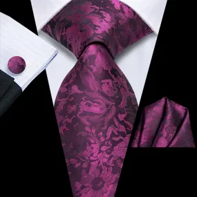 Hi-Tie Deep Purple Floral Silk Mens Tie Handkerchief Cufflinks Set