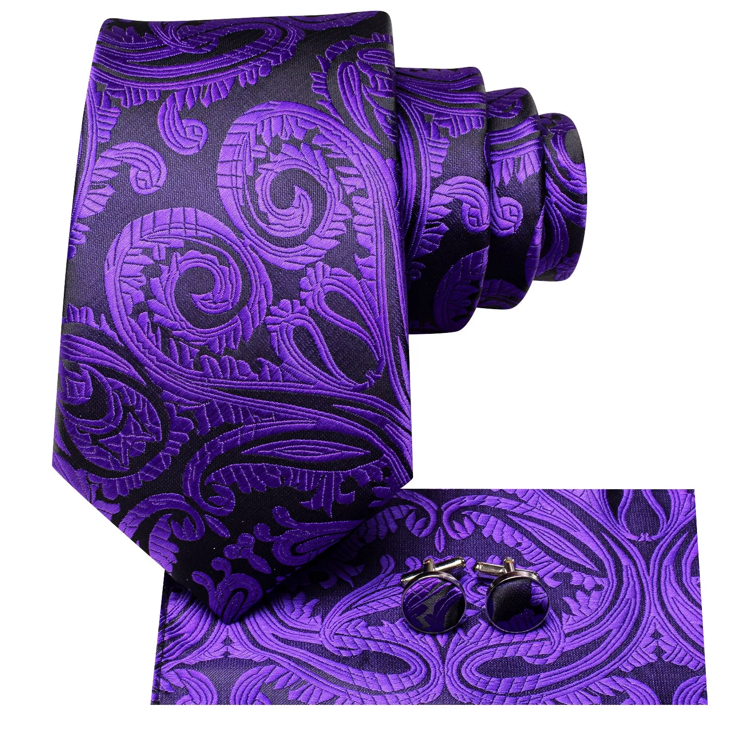 Hi-Tie Deep Purple Necktie Paisley Men Tie Pocket Square Cufflinks Set