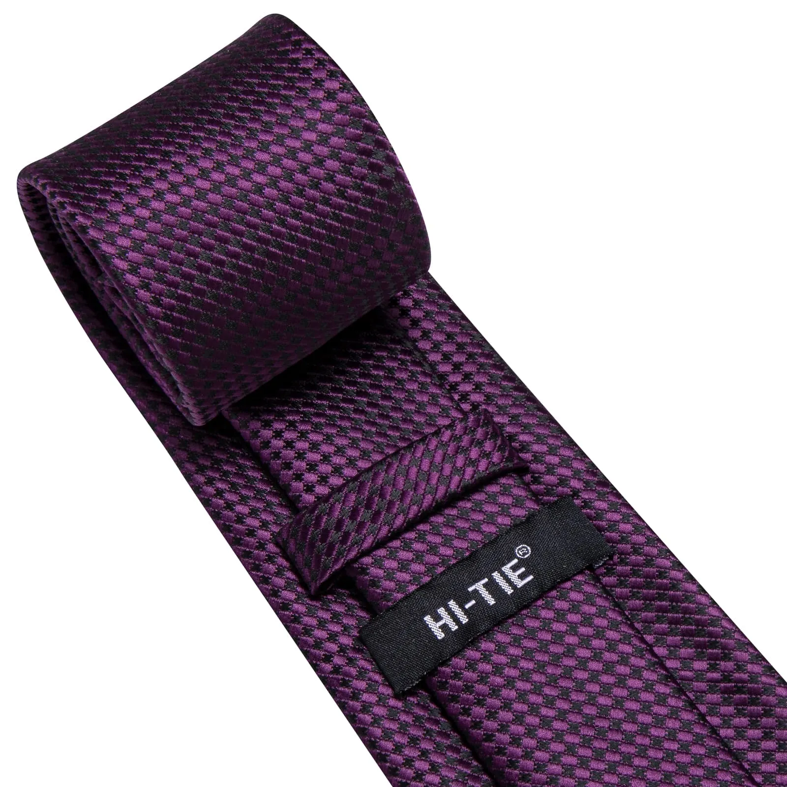 Hi-Tie Deep Purple Plaid Silk Men's Necktie Pocket Square Cufflinks Set