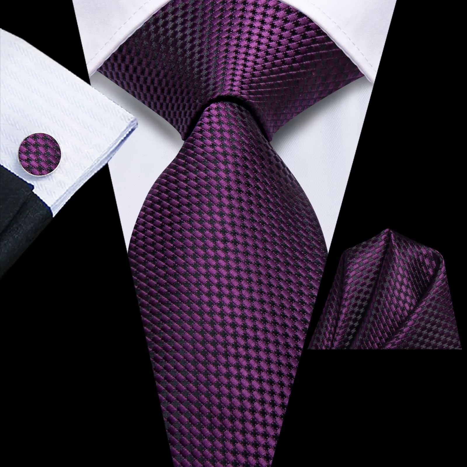 Hi-Tie Deep Purple Plaid Silk Men's Necktie Pocket Square Cufflinks Set