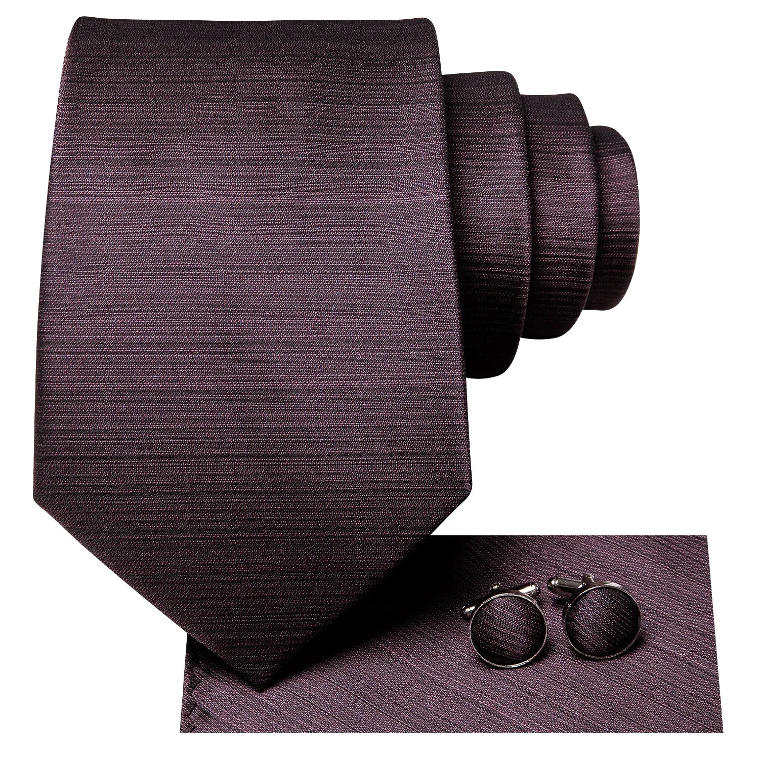 Hi-Tie Eggplant Red Brown Solid Necktie Pocket Square Cufflinks Set