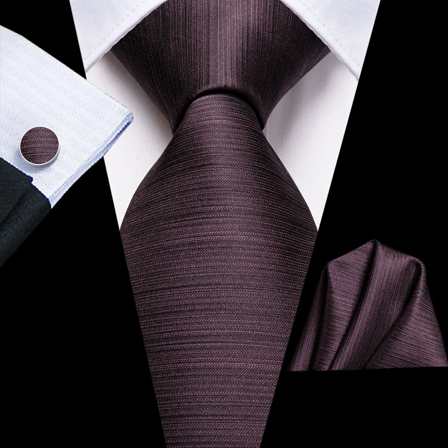 Hi-Tie Eggplant Red Brown Solid Necktie Pocket Square Cufflinks Set