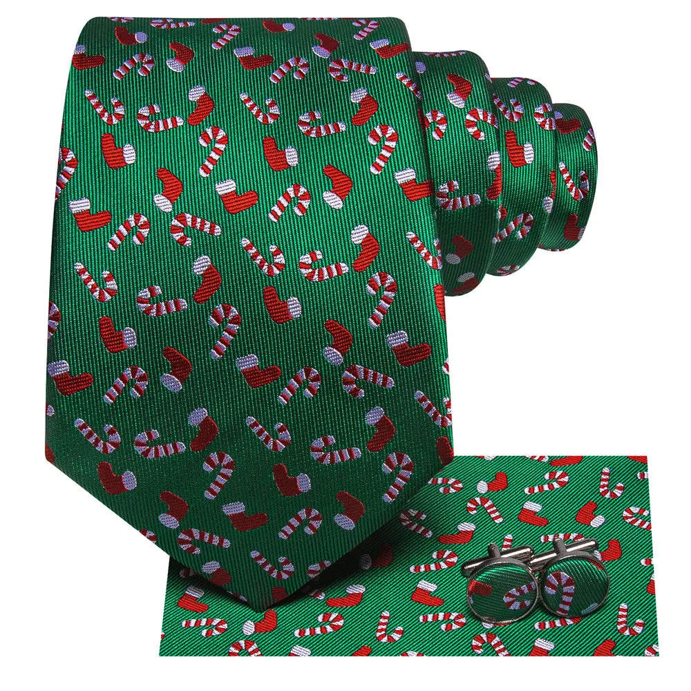 Hi-Tie Green Christmas Gloves Cane Tie Pocket Square Cufflinks Set