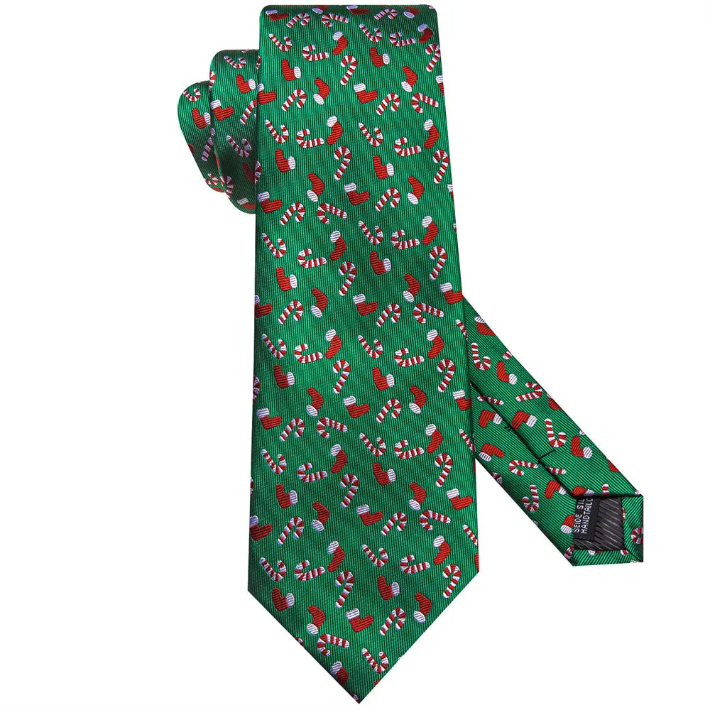 Hi-Tie Green Christmas Gloves Cane Tie Pocket Square Cufflinks Set