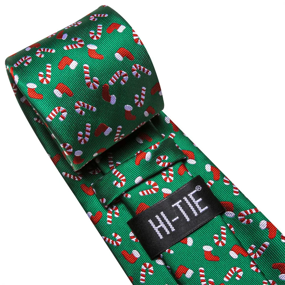 Hi-Tie Green Christmas Gloves Cane Tie Pocket Square Cufflinks Set