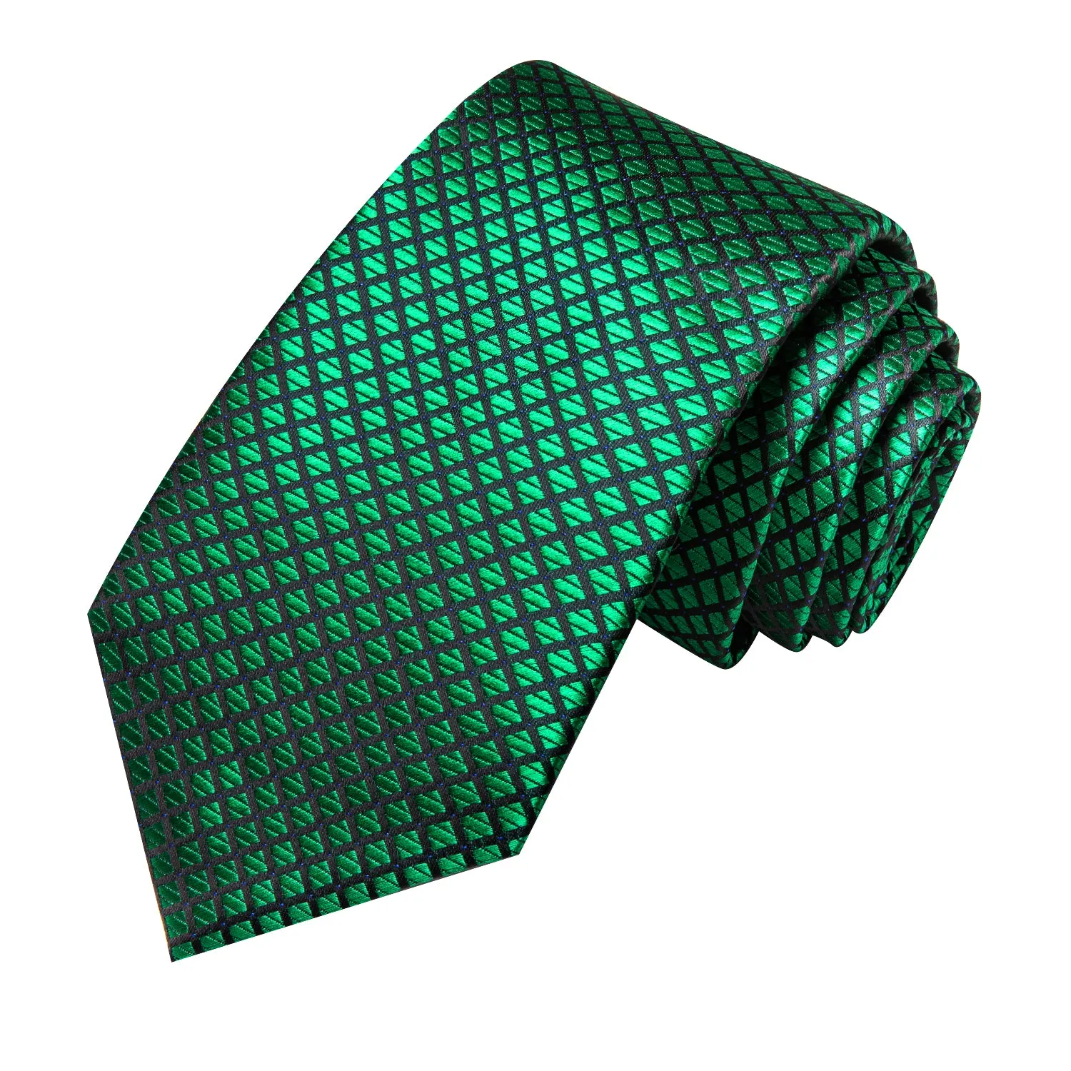 Hi-Tie Green Plaid 67 Inches Extra Long Tie Handkerchief Cufflinks Set