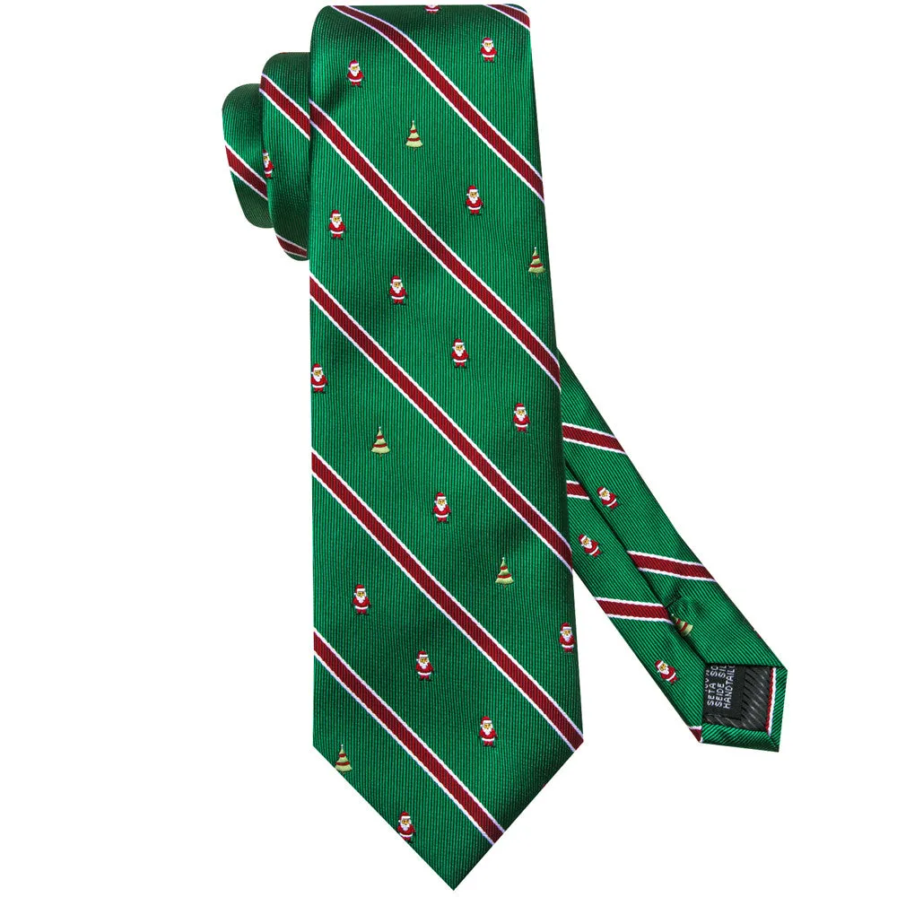 Hi-Tie Green Red Striped Santa Christmas Designer Necktie Set