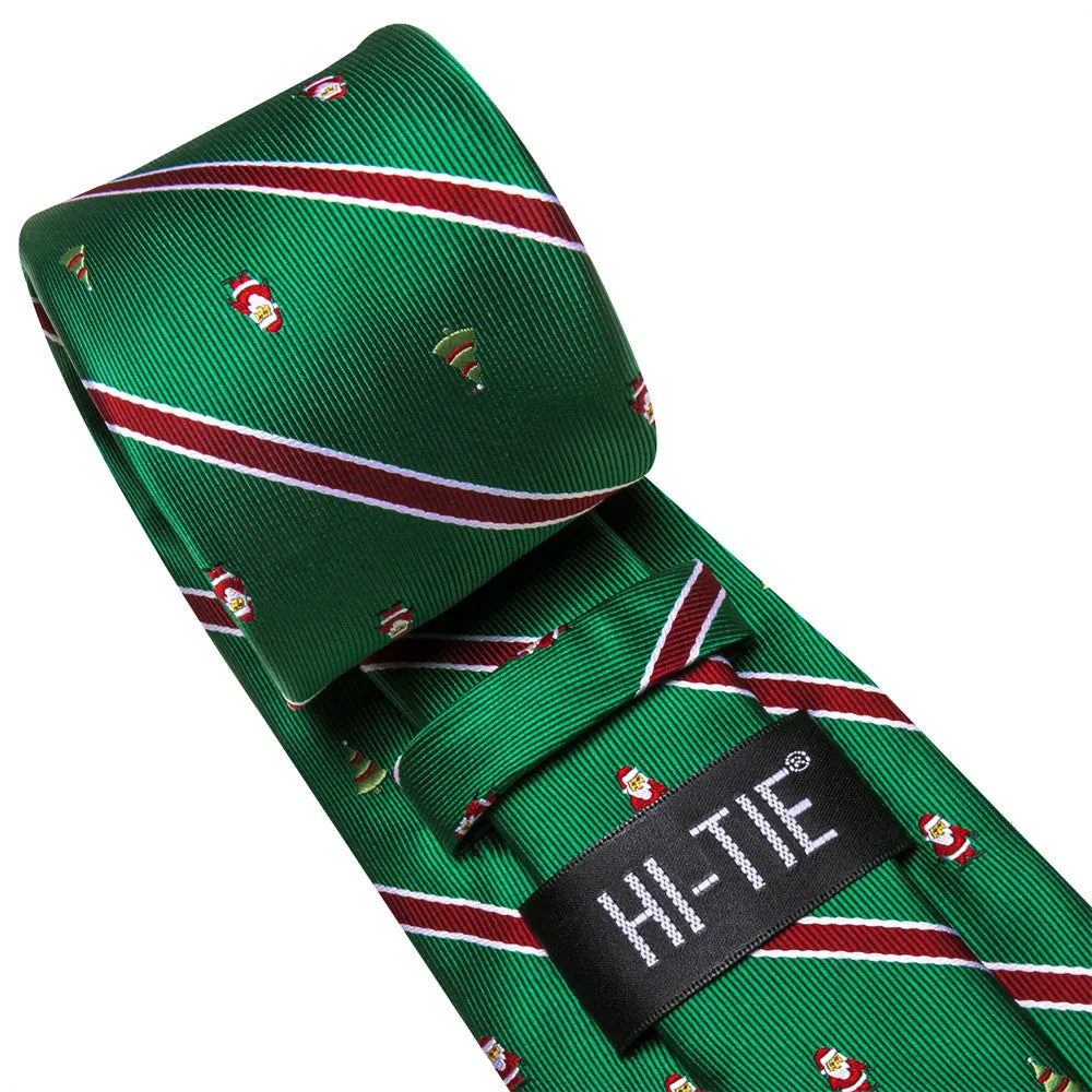 Hi-Tie Green Red Striped Santa Christmas Designer Necktie Set