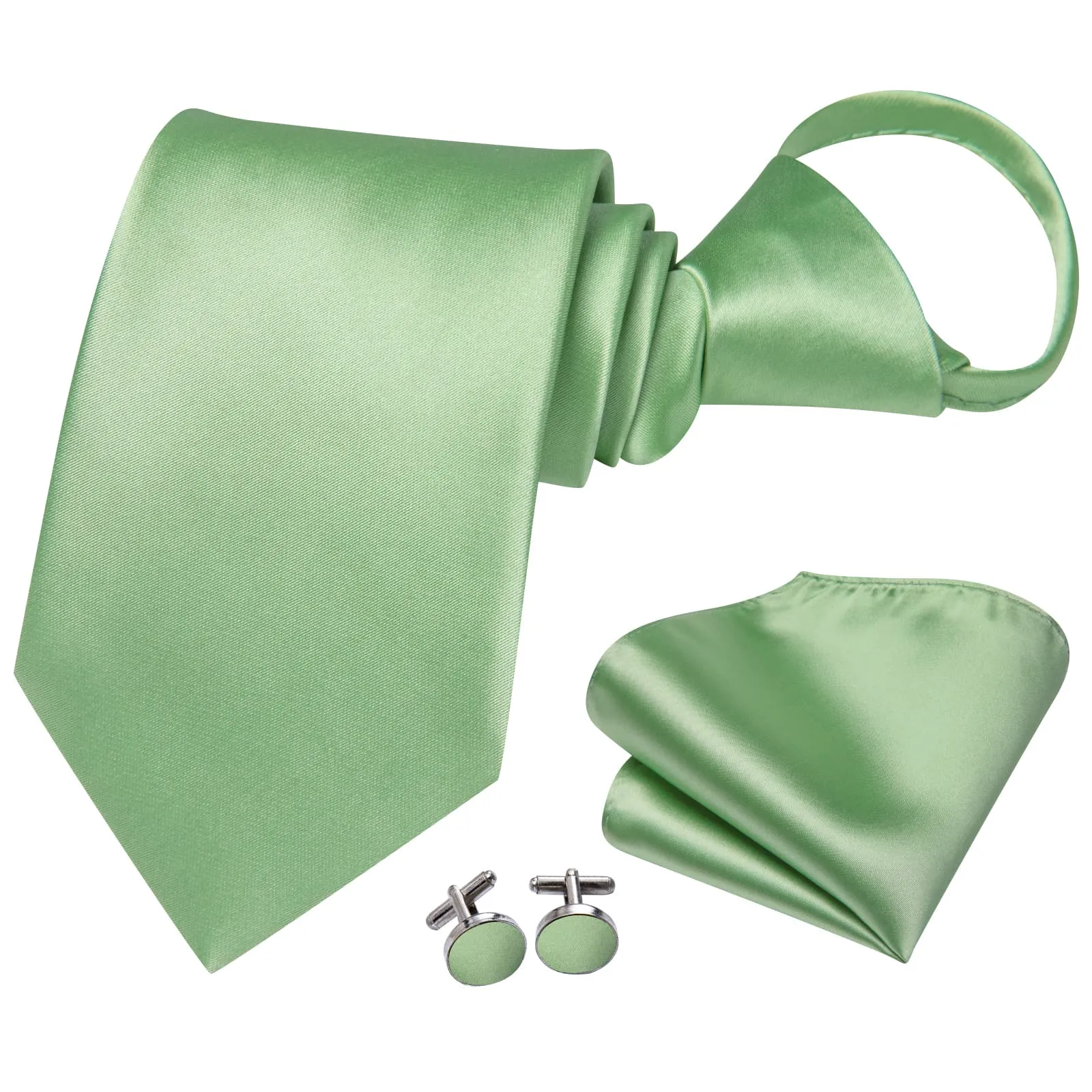 Hi-Tie Light Green Ties Men's Zipper Satin Solid Pre-Tied Necktie Set