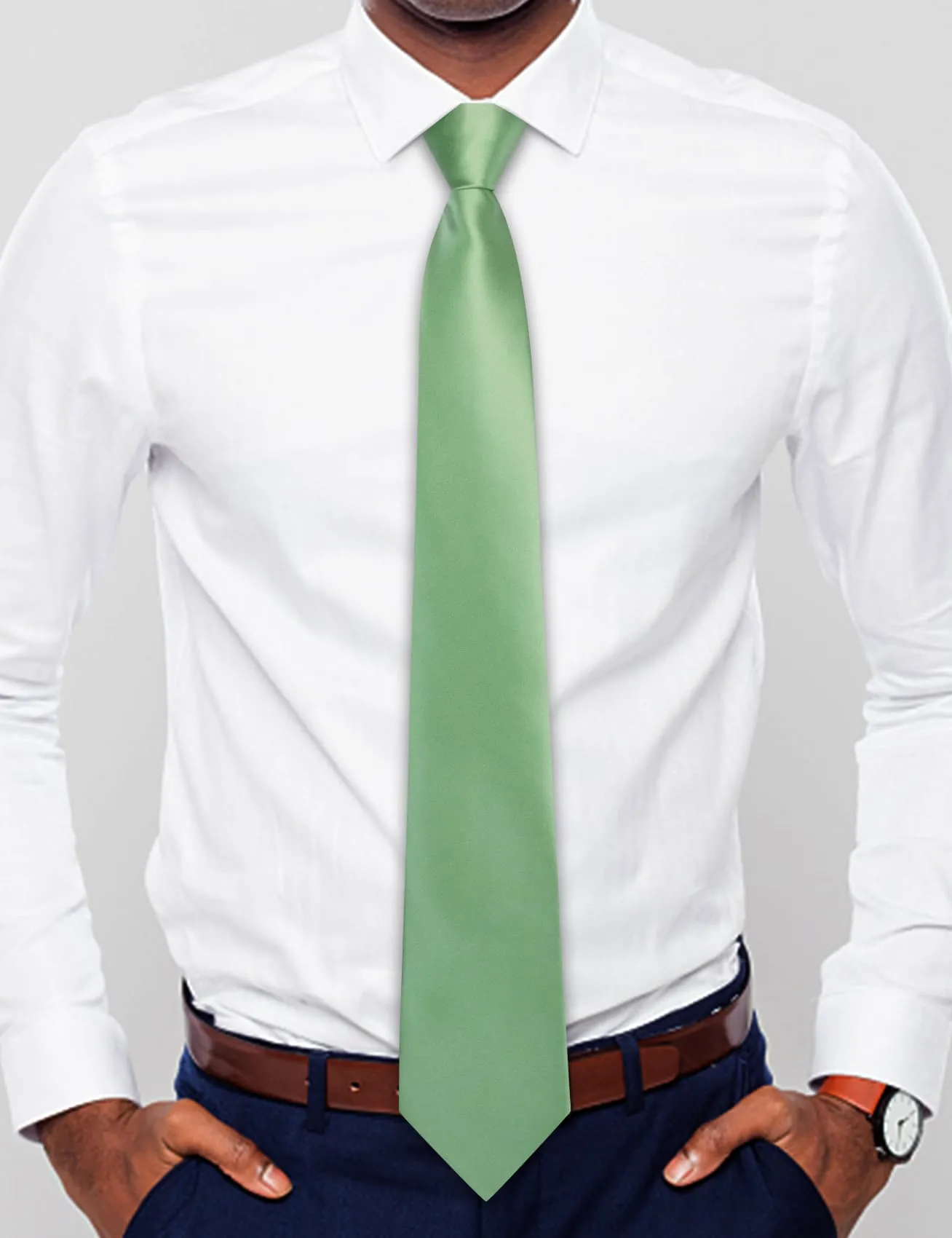 Hi-Tie Light Green Ties Men's Zipper Satin Solid Pre-Tied Necktie Set