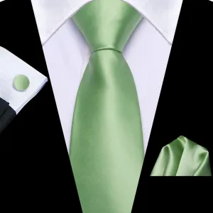 Hi-Tie Light Green Ties Men's Zipper Satin Solid Pre-Tied Necktie Set