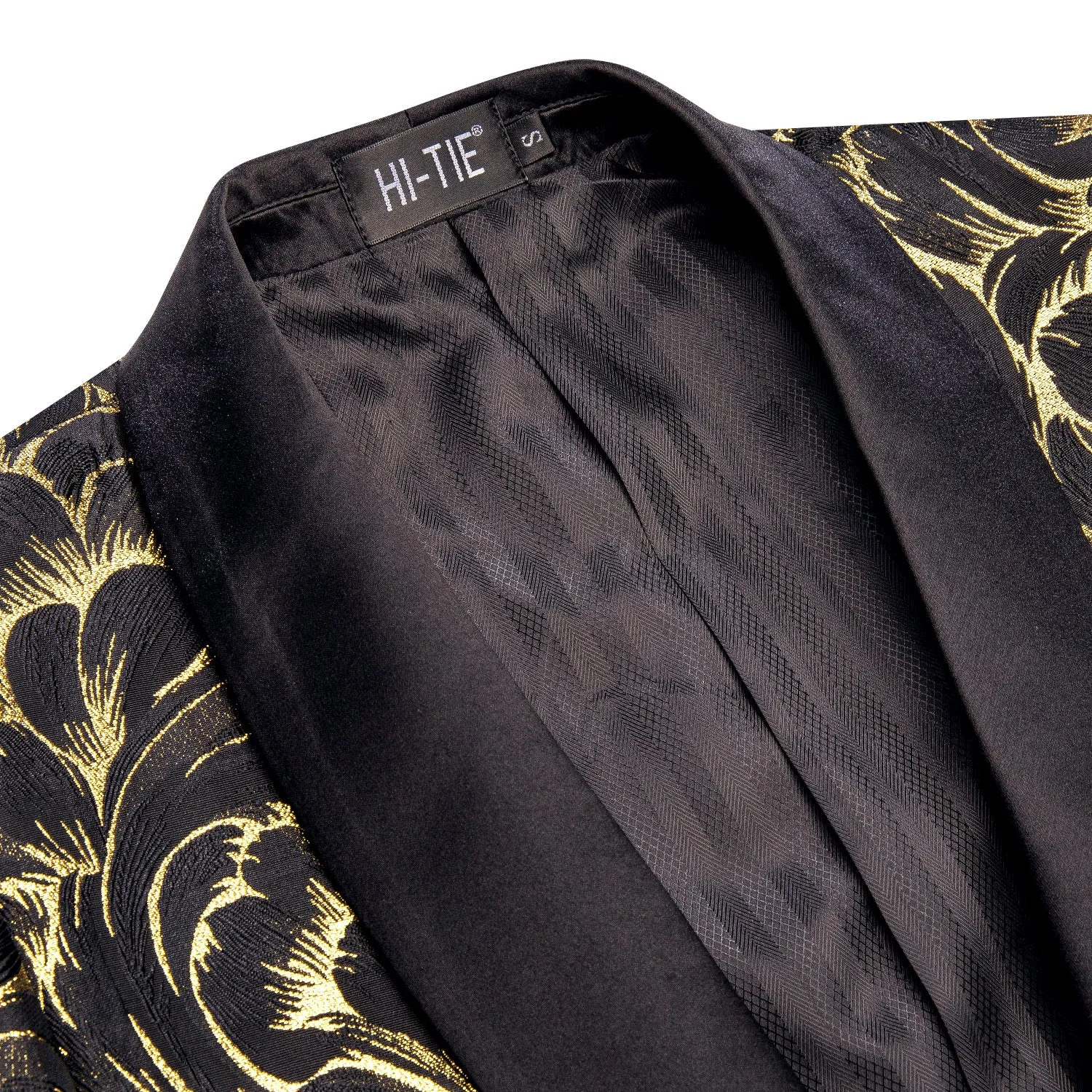 Hi-Tie Luxury Black Gold Feather Pattern Men's Black Shawl Lapel Suit