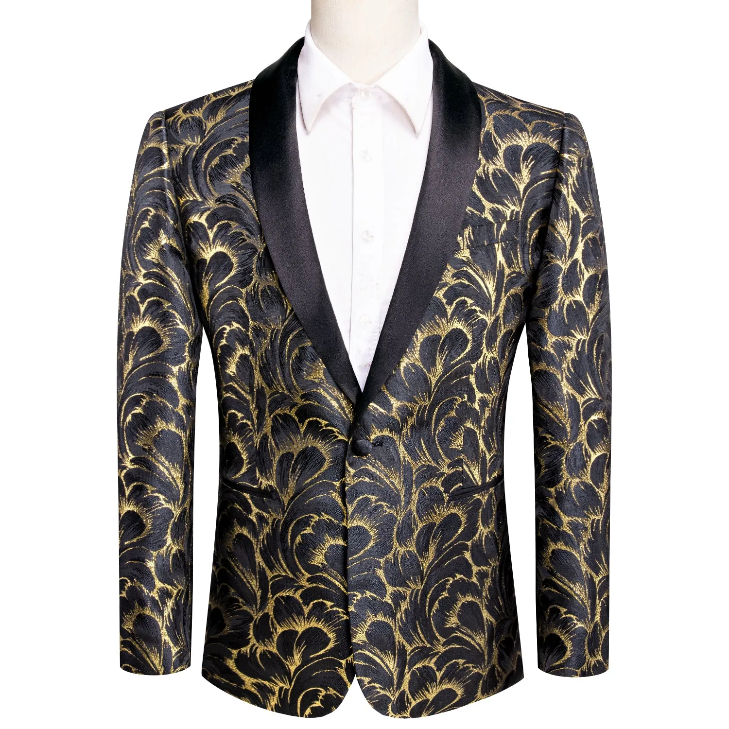 Hi-Tie Luxury Black Gold Feather Pattern Men's Black Shawl Lapel Suit