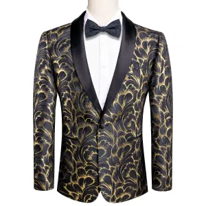 Hi-Tie Luxury Black Gold Feather Pattern Men's Black Shawl Lapel Suit