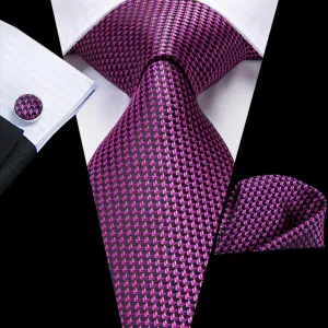 Hi-Tie Medium Purple Houndstooth Necktie Pocket Square Cufflinks Set