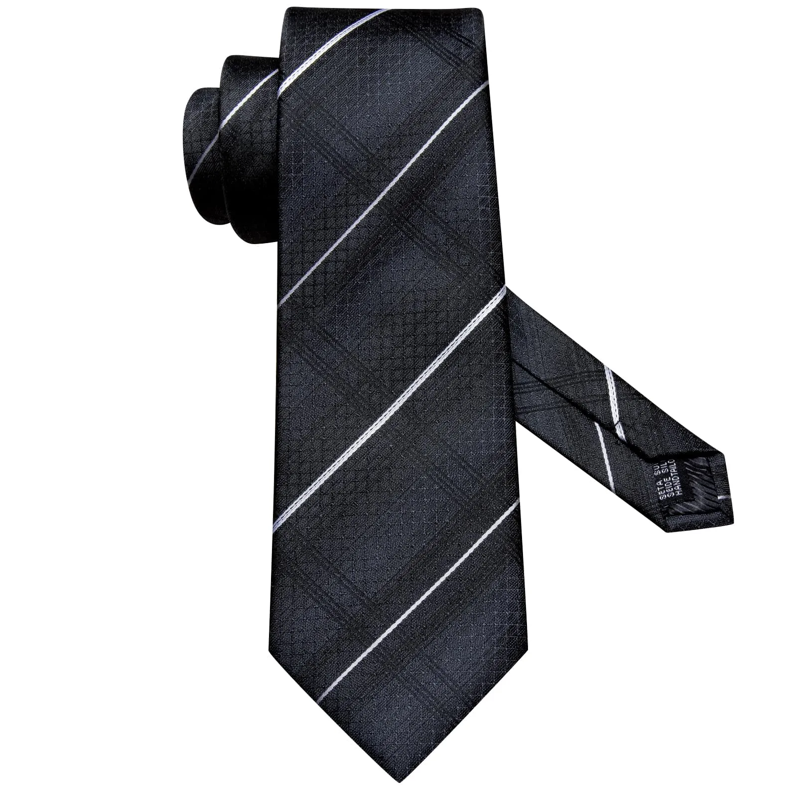 Hi-Tie Men's Black Ties White Striped Tie Pocket Square Cufflinks Set