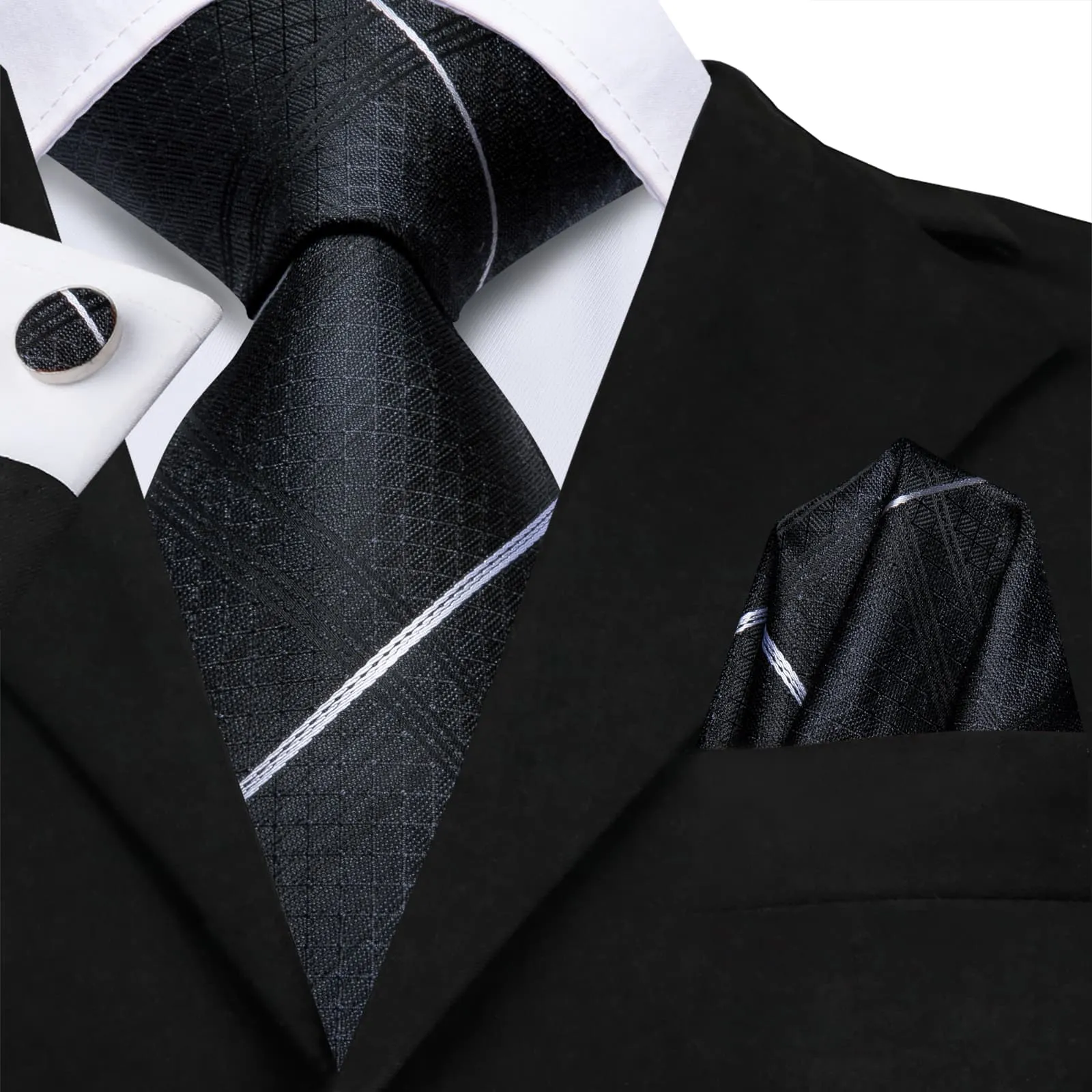 Hi-Tie Men's Black Ties White Striped Tie Pocket Square Cufflinks Set