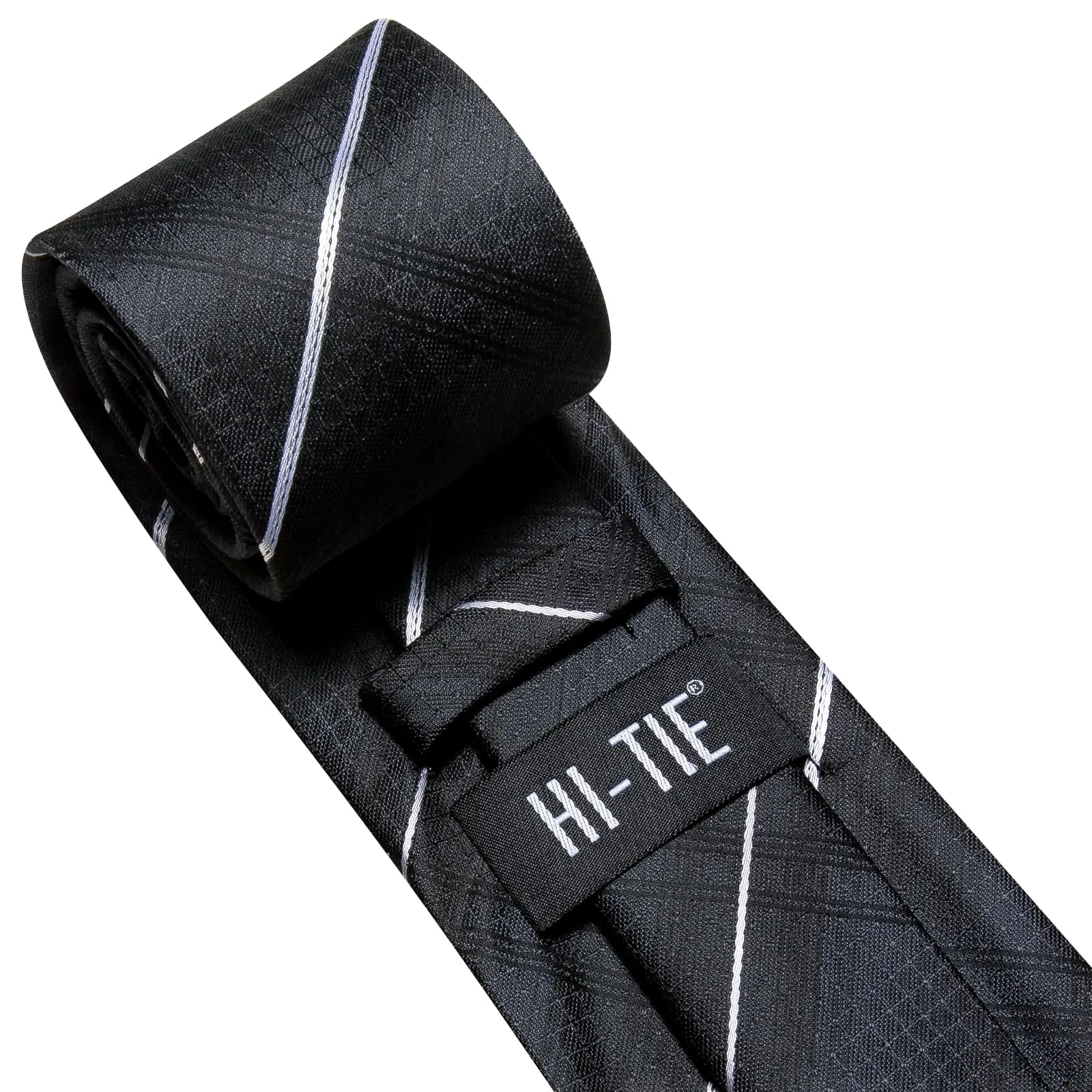 Hi-Tie Men's Black Ties White Striped Tie Pocket Square Cufflinks Set