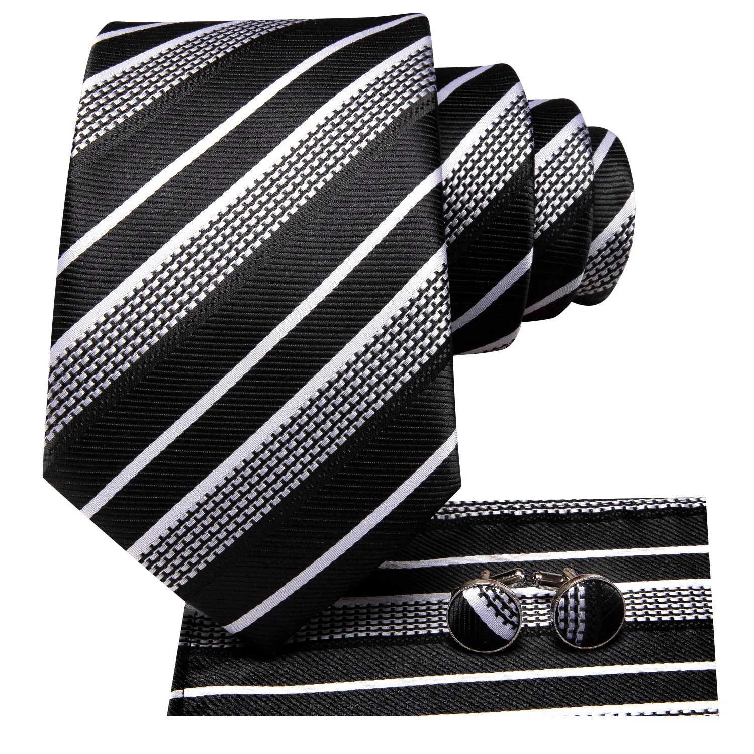 Hi-Tie Men's Black White Striped Necktie Pocket Square Cufflinks Set