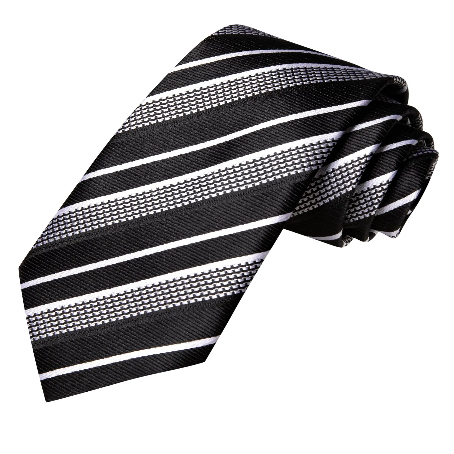 Hi-Tie Men's Black White Striped Necktie Pocket Square Cufflinks Set